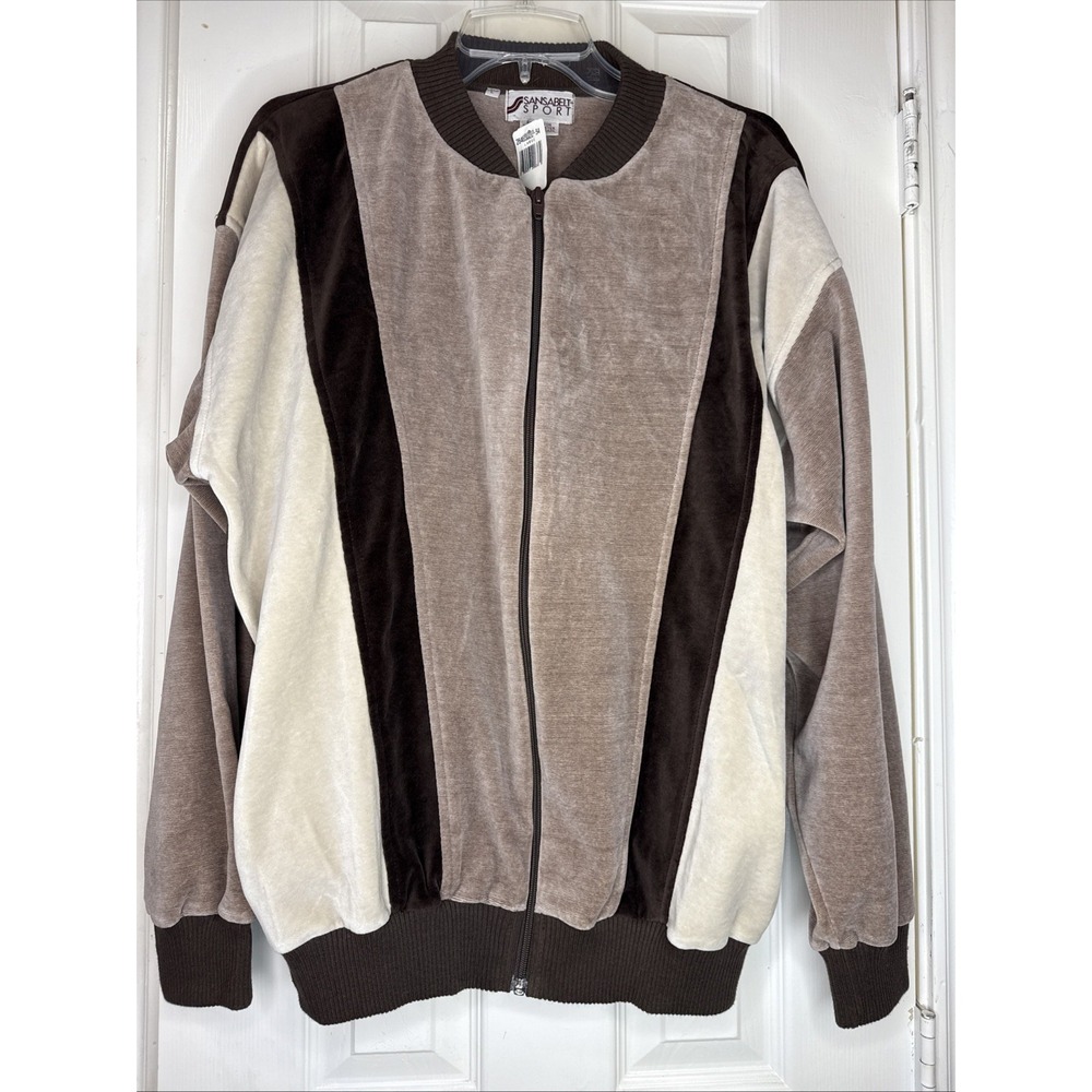Vtg 90s Sansabelt Sport Velour Grandpa Dad Sweater‎ Stripes Crew Neck NWT Zip Up